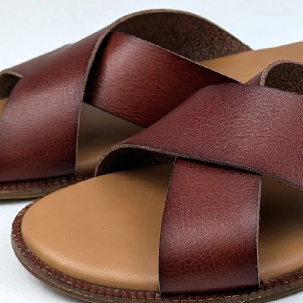 Cynthia Rowley Libra Sandals Wide Strap Criss Cross Vegan Boho Rustic Cognac 6.5
